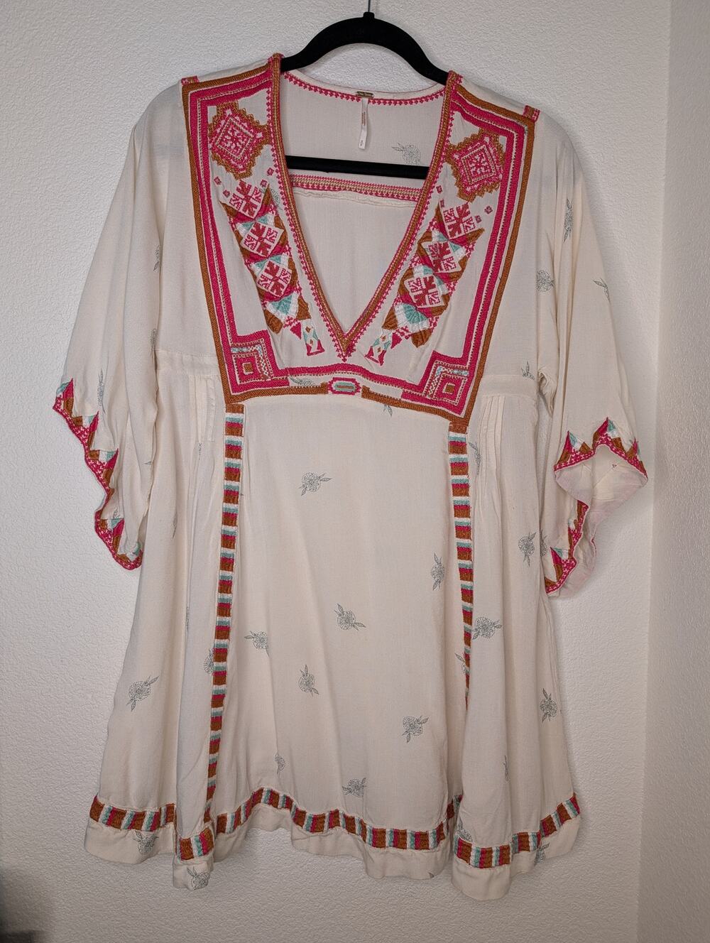 Free People Tulum Embroidered Smock Mini Dress Boho S *Read Peasant Floral Chic